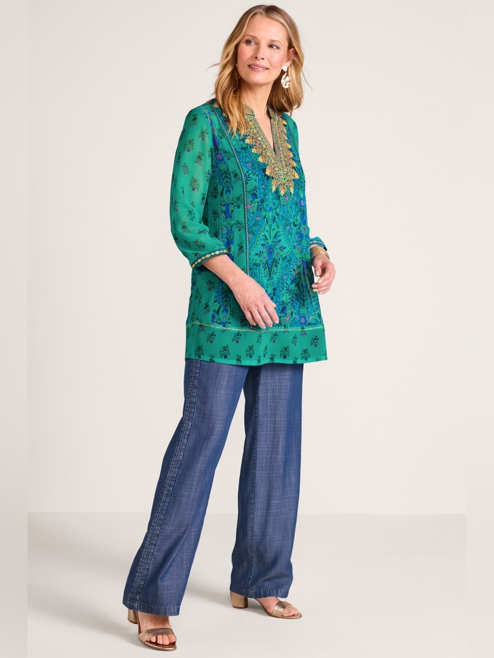 Soft Surroundings Boho Blue Green V-neck Embellished Bronte Tunic Blouse Top - Picture 2 of 11